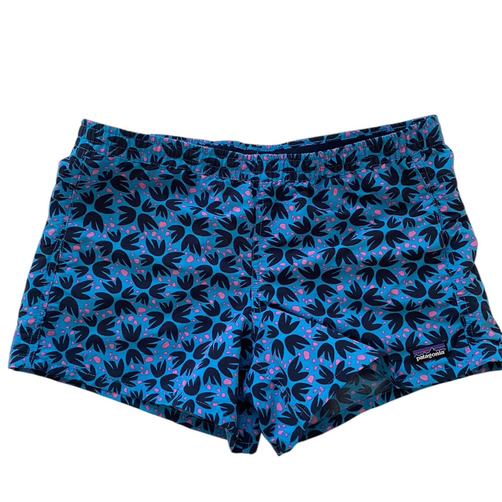 Patagonia Youth Barely Baggies Shorts In Pollen Confetti Dolomite Blue.